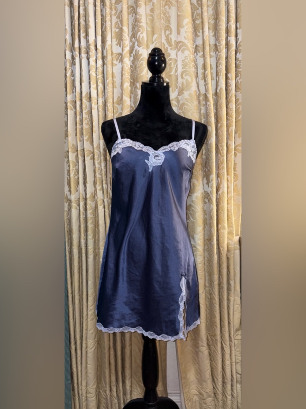 2012 Victoria's Secret Slate Blue Satin Lace Trim Slip Dress Chemise Small
